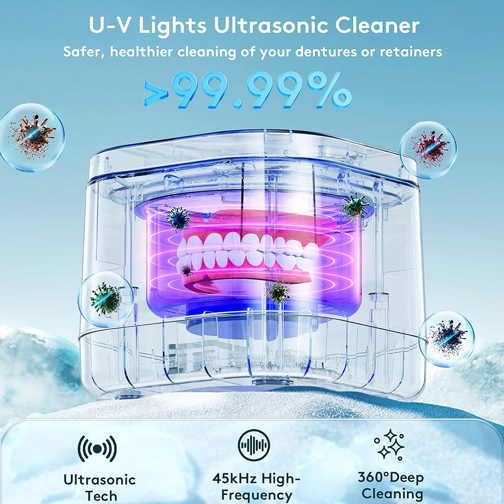 น้ำยาทำความสะอาดรีเทนเนอร์อัลตราโซนิก น้ำยาทำความสะอาดฟันปลอม UV 99.99% ทำความสะอาดแสง